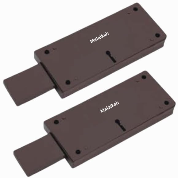 Two brown wooden door lock mechanisms labeled Malaikah